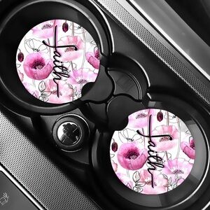 Faith Pink Tulips Religious Car Coasters Absorbent Set of (2)